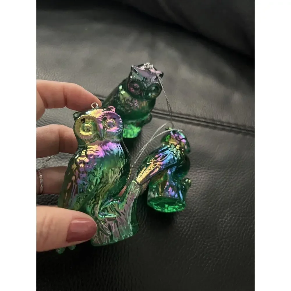 Set of 3 Iridescent Carnival Glass-Like Lucite Owl Christmas Ornaments